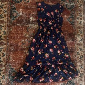 Zunie Girls 12 Navy Floral Fit & Flare Dress Smocked Waist Sleeveless Easter